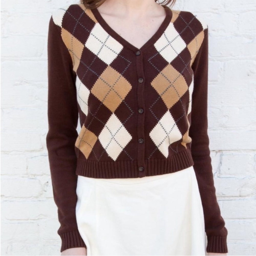 Brandy Melville Elizabeth Argyle Brown Cardigan OS